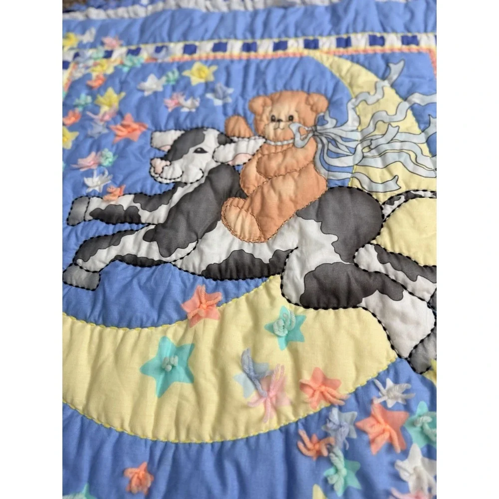 Vintage 90s Baby Crib Quilt Blanket Cow Teddy Bear Moon Stars Ruffle 47x26.5